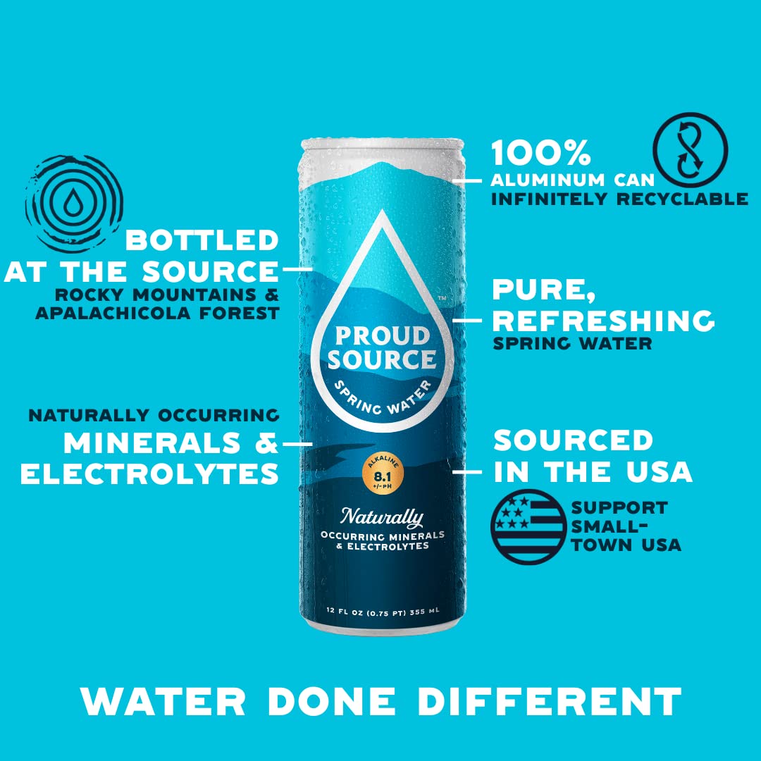 Proud Source Alkaline Spring Water, Natural Minerals + Electrolytes, Infinitely Recyclable Aluminum, BPA-Free, 12 Fl Oz (Pack of