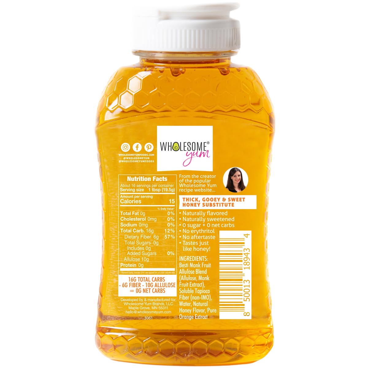Wholesome Yum Orange Zero Sugar Honey Substitute - Keto Honey Alternative, 11 oz, Sugar Free, Non-GMO, Gluten Free