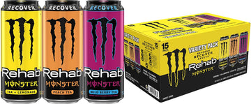 Monster Energy Rehab Tea + Lemonade, Peach Tea, Wild Berry Tea, Variety Pack, Energy Iced Tea,15.5 Ounce (Pack of 15)
