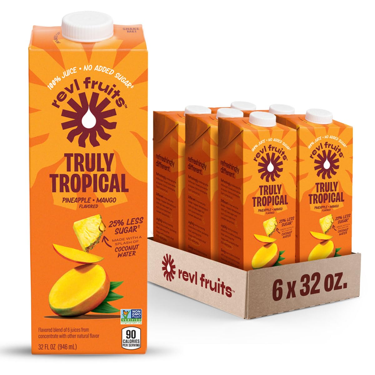 Revl Fruits 100% Juice, No Added Sugar, Pineapple Mango, Truly Tropical, 32 Fl Oz. Carton (Pack Of 6)