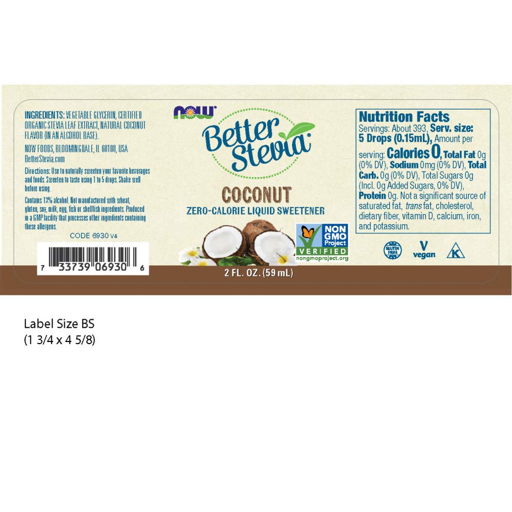 Now Foods Betterstevia Coconut Zero-Calorie Liquid Sweetener, Keto Friendly, Suitable For Diabetics, No Erythritol, 2-Ounce