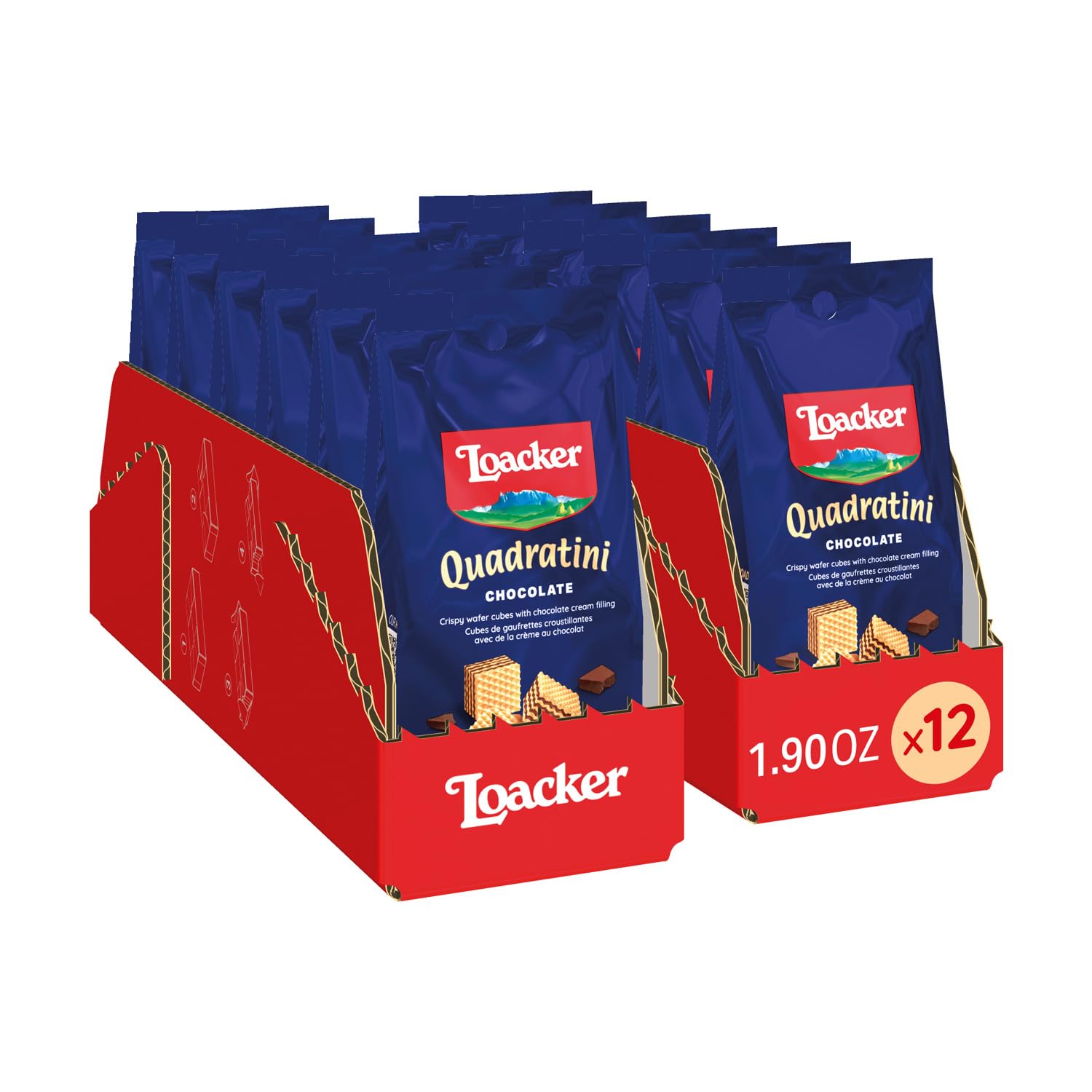 Loacker Quadratini Chocolate Bite-Size Wafer Cookies  Crispy Wafers With 4 Creamy Layers Of Chocolate Cream Filling  New On-The-Go Pack  Box Of 12