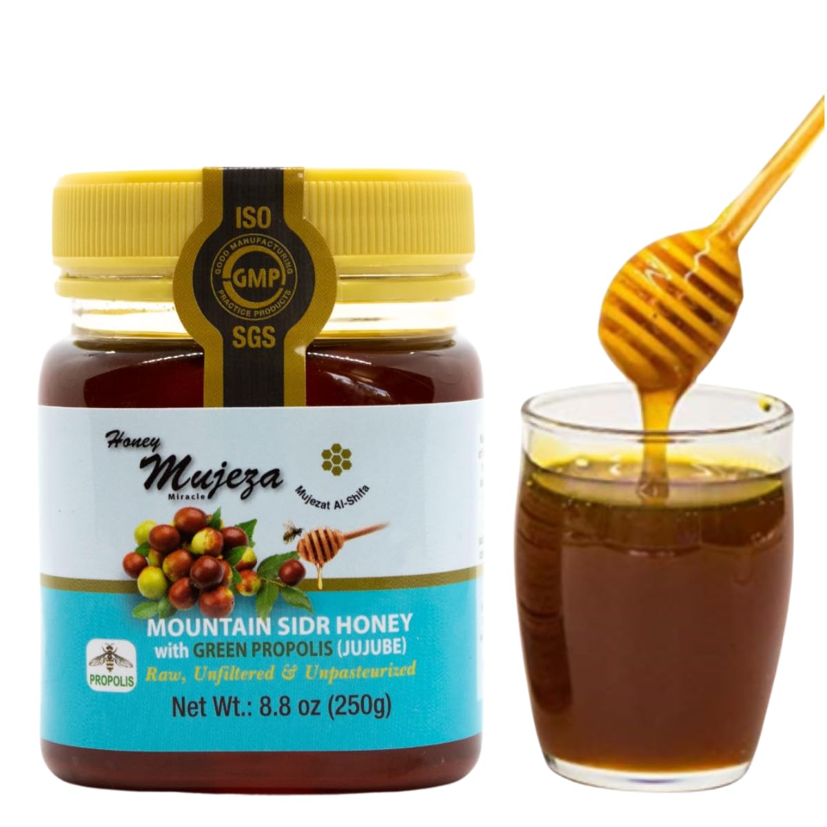Authentic Mountain Sidr Honey (Jujube) with Propolis - Equal to Manuka Effectiveness  Unheated Unfiltered Unprocessed 100% Natural Gluten Free Raw Liquid Honey (250g / 8.8oz)