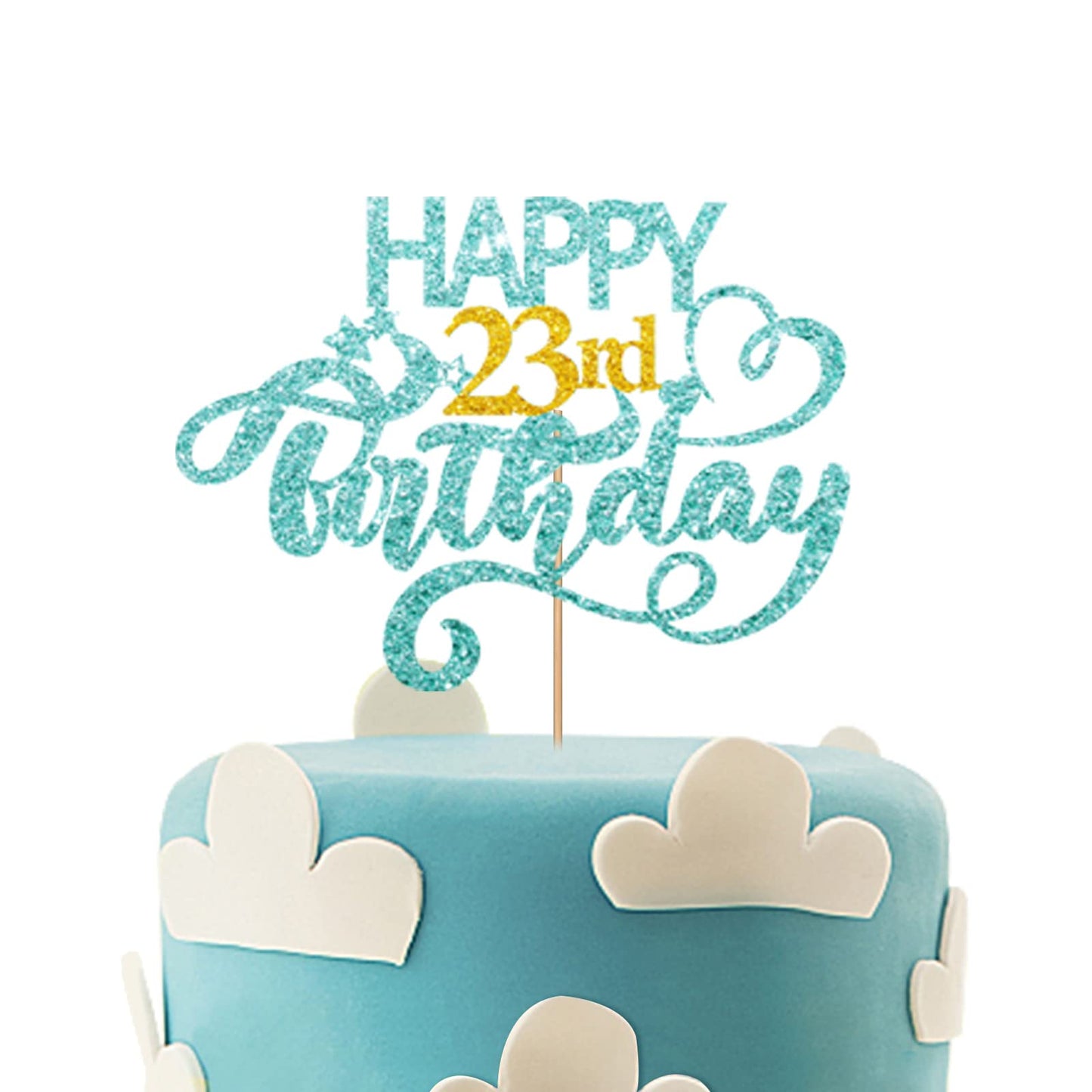 Sky Blue Glitter Happy 23Rd Birthday Cake Topper, Twenty Three Years Old Birthday Party Cake Decor, Gold Number 23 Birthday Part