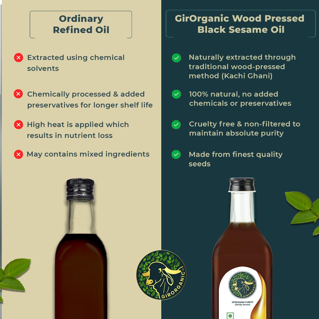 Girorganic Wood Pressed Black Sesame Oil-1Litre Glass Bottle,Unrefined/Unfiltered Cold Pressed Virgin Oil,Kacchi Ghani/Gingelly