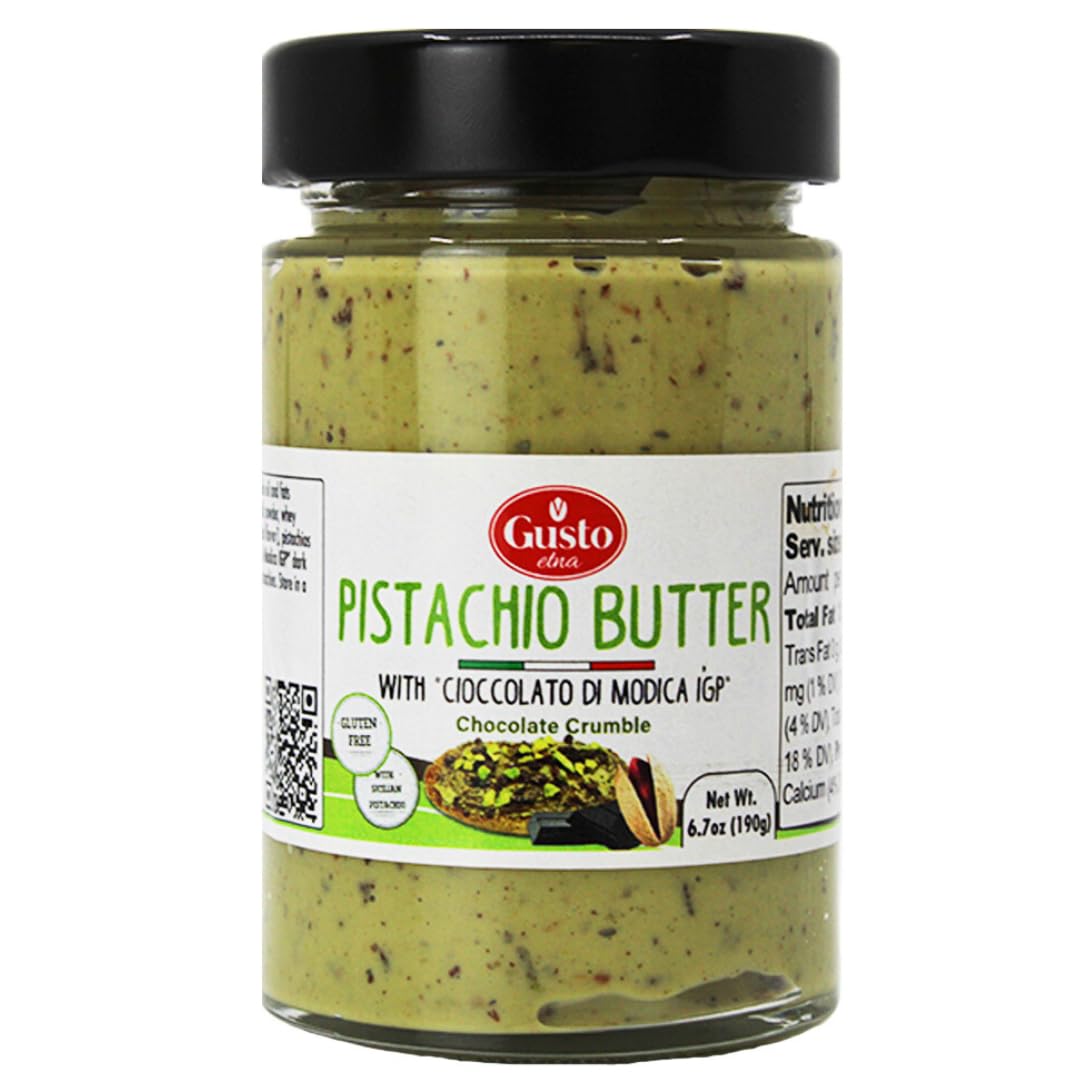 GUSTO ETNA Pistachio Butter with Chocolate Chips, 6.7 oz, Non-GMO, Rich & Nutty Spread for Knafeh and Desserts