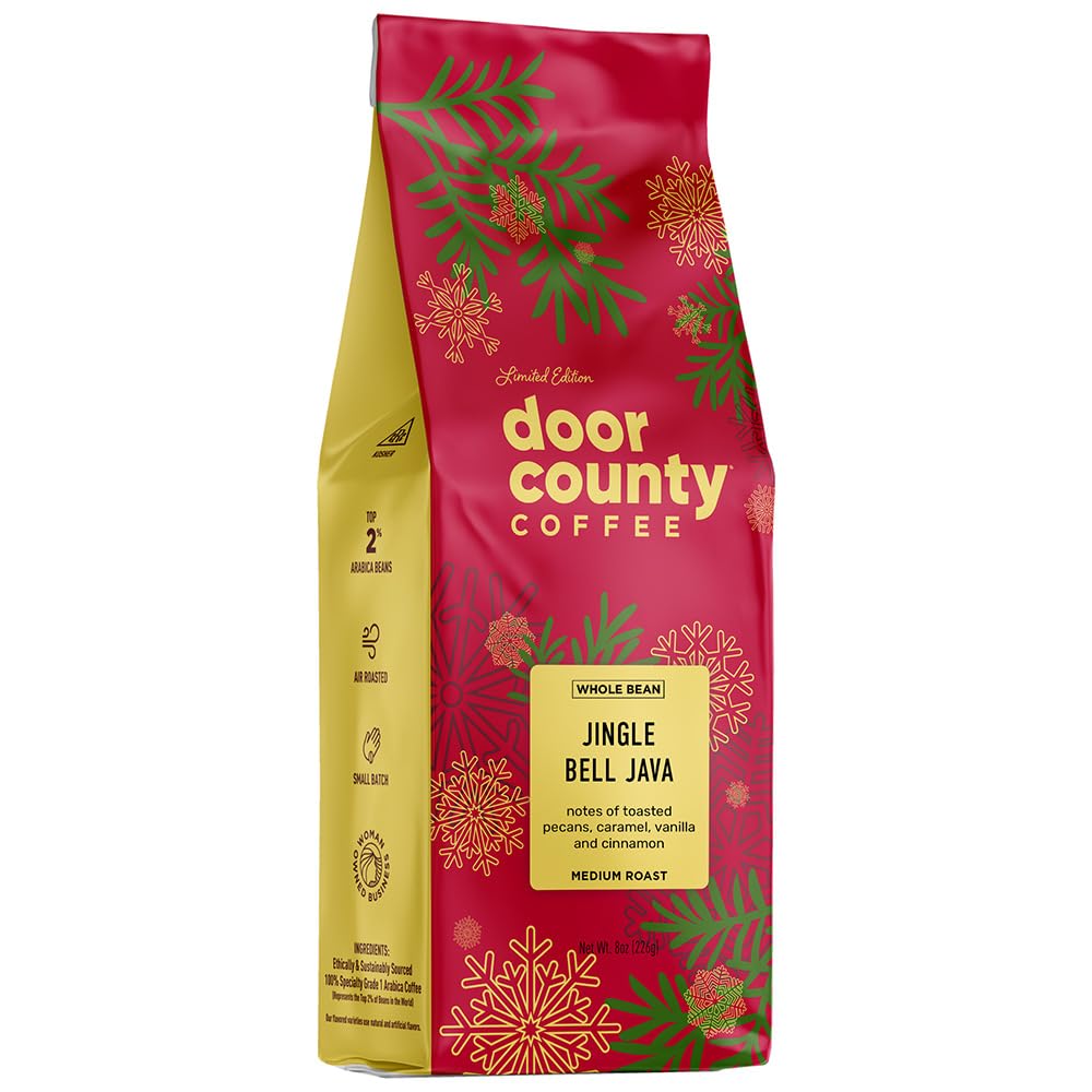 Door County Coffee Jingle Bell Java Flavored Coffee Whole Bean - 8oz Bag - Holiday Seasonal - Medium Roast - 100% Specialty Arab