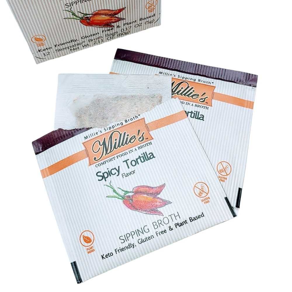 Millies Sipping Broth - Vegetable Broth -Natural-Gluten Free-Keto Friendly Spicy Tortilla 12 Count Box (2-Pack)