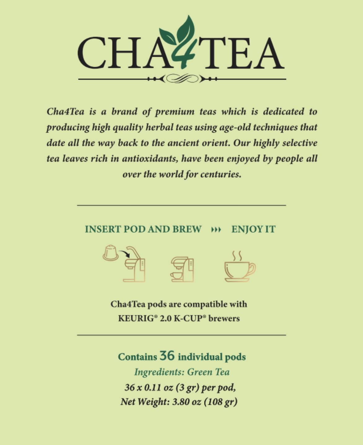 Cha4TEA Green Tea Pods for Keurig K-Cup malt-inspired, 36 Count, Model TE-001-1
