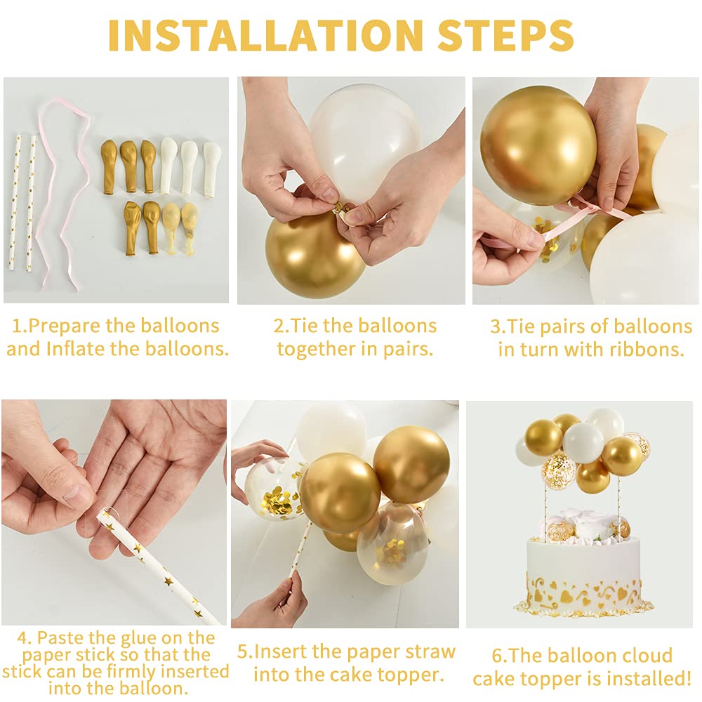 Beishida 5 Inch 10Pcs Balloon Cloud Cake Topper White Gold Happy Birthday Cake Toppers Mini Balloon Cake Topper Garland With Hap