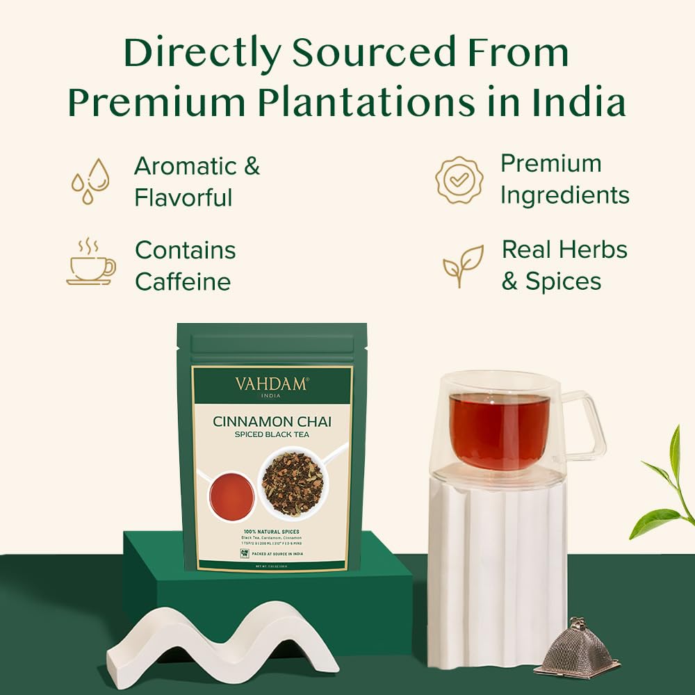 Vahdam, Cinnamon Masala Chai Tea (50+ Cups,3.53Oz) Ancient Cinnamon Tea Recipe | Spiced Chai Tea Loose Leaf | Brew Hot Black Tea