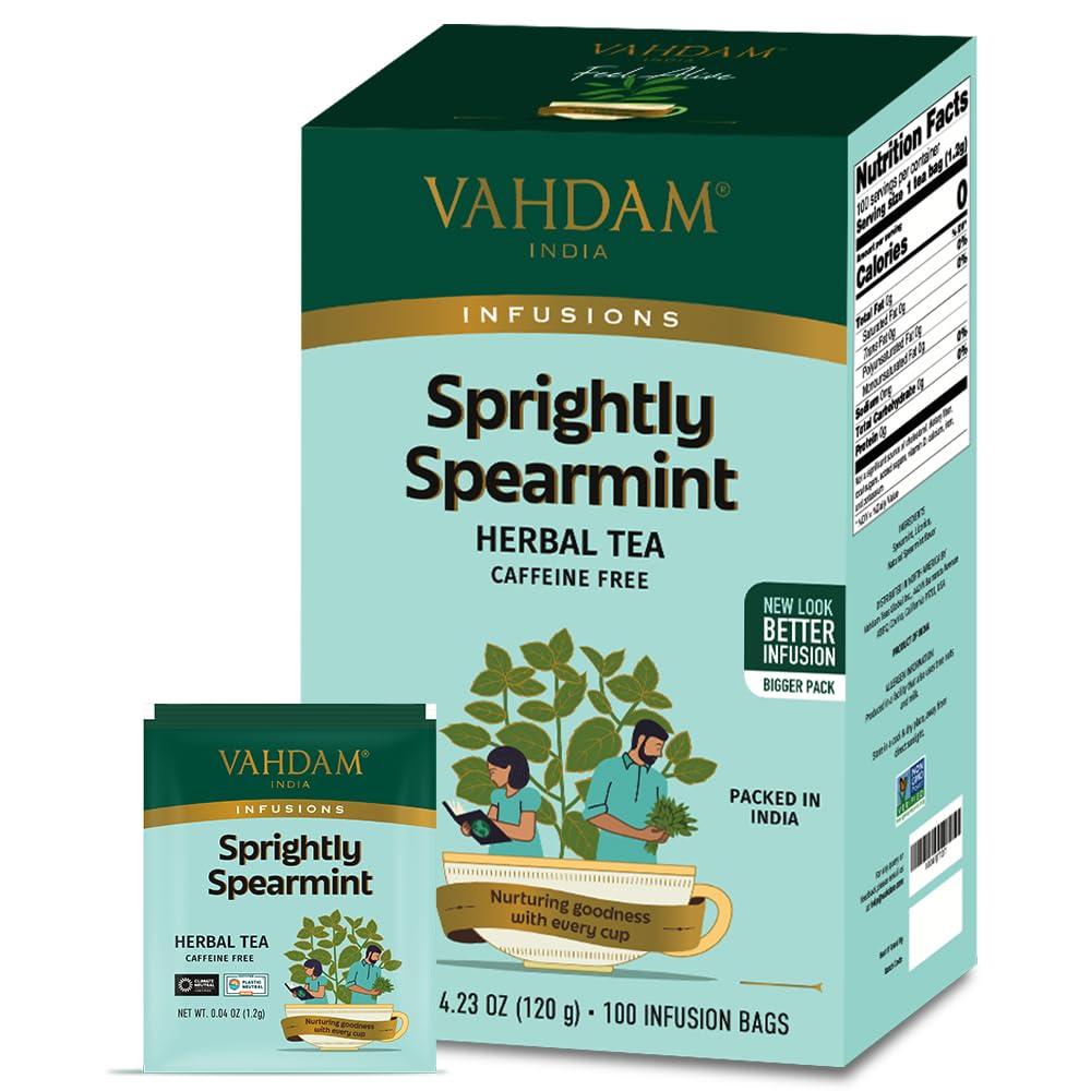 VAHDAM Spearmint Herbal Tea Bags, Caffeine Free, 100 Count, Eco-Friendly Individually Wrapped