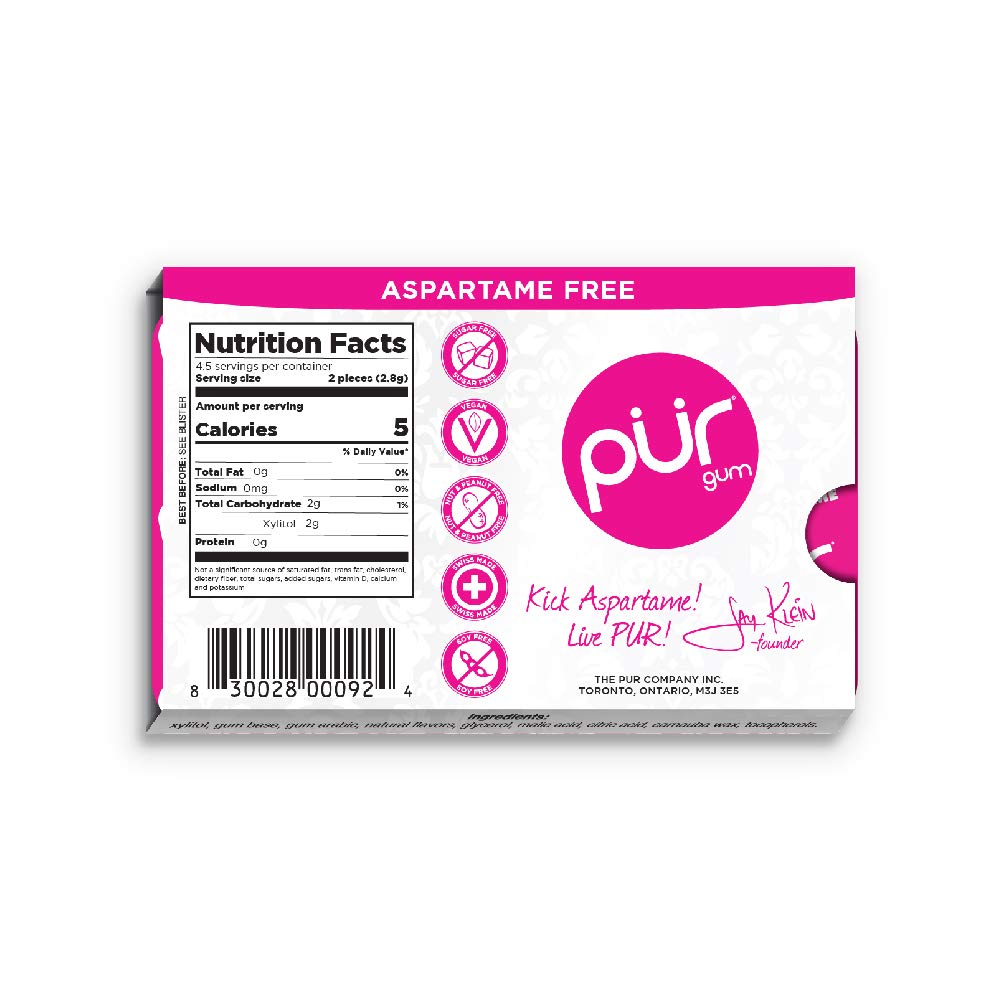 Pur Gum | Aspartame Free Chewing Gum | 100% Xylitol | Natural Pomegranate Mint Flavored Gum, 9 Pieces (Pack Of 12)