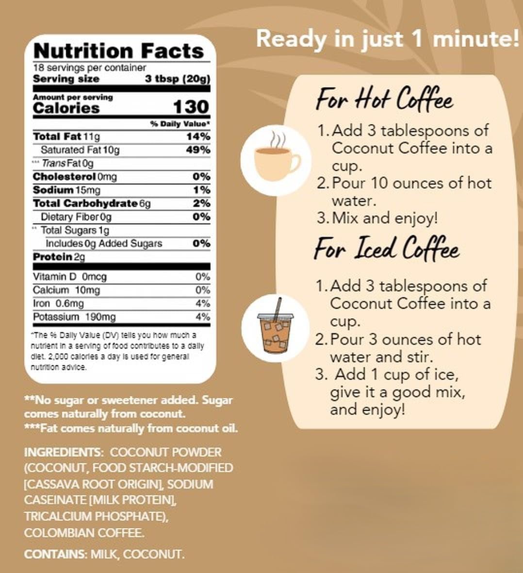 CAcafe Coconut Coffee Unsweetened, Coconut Infused, 12.7oz Drink Mix, No Added Sugar, Antioxidants, Natural Energy