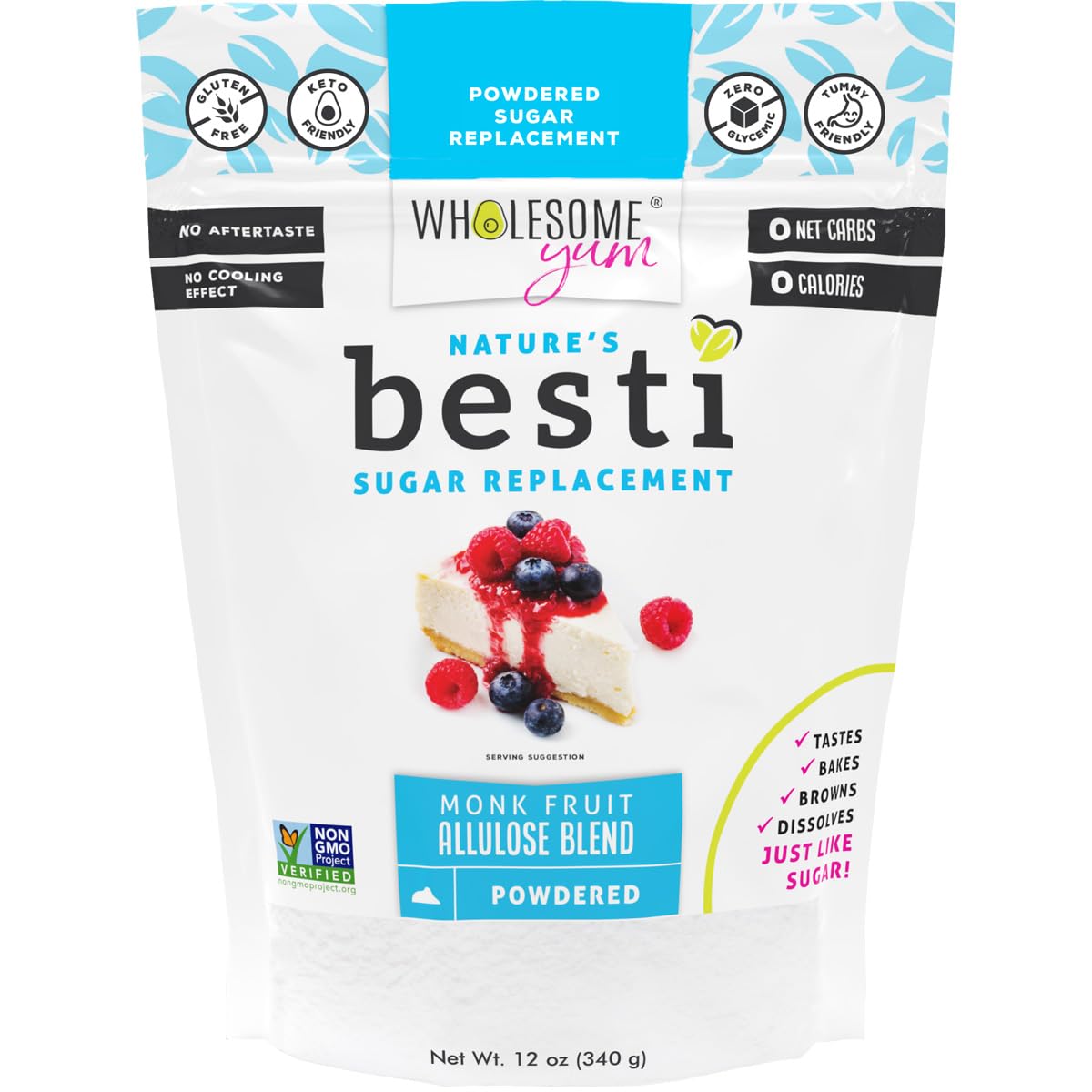 Wholesome Yum Besti Natural Powdered Sugar Substitute - Keto Monk Fruit Sweetener Blend with Allulose, 12 oz, Zero Carb, No Aftertaste