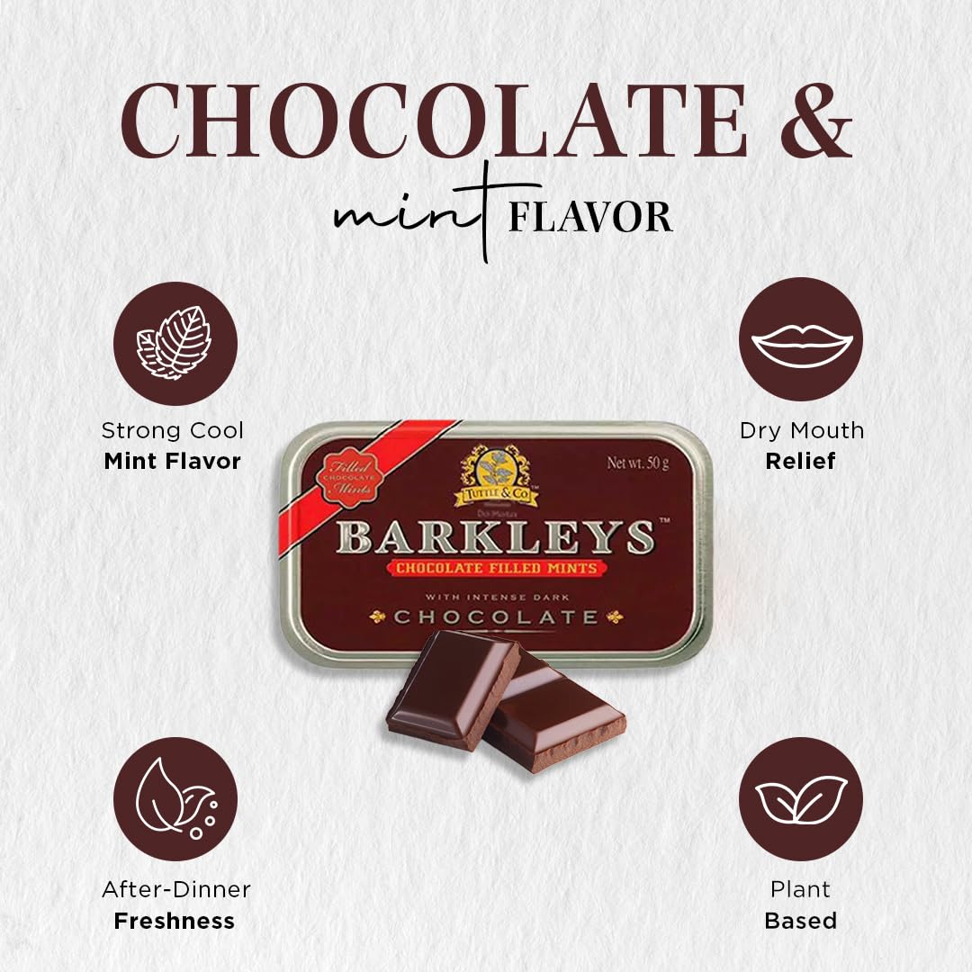 Barkleys Chocolate Breath Mints - Vegan Dark Chocolate Filling - 50 Count Travel Tins - Party, After Dinner, Everyday Use