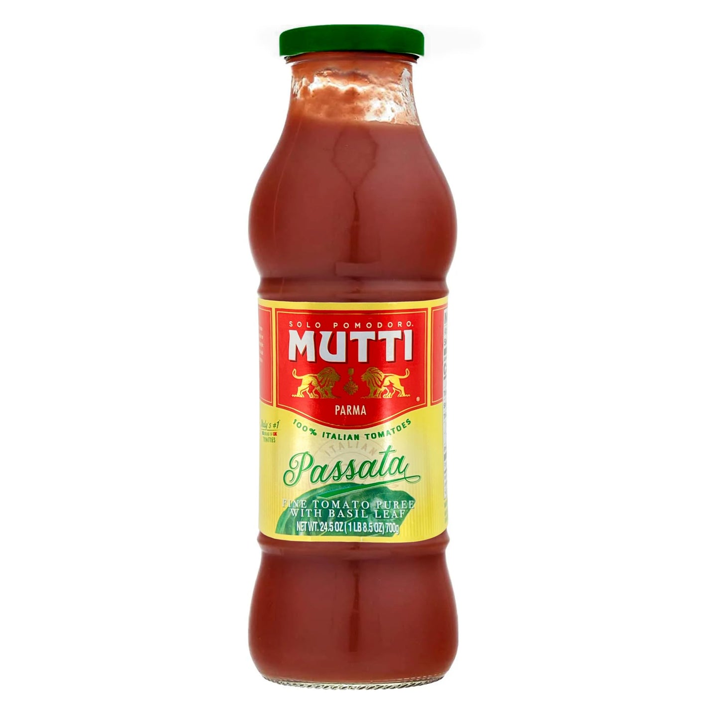 Mutti — 24.5 oz. Tomato Puree with Fresh Basil (Passata con Basilico) from Italy’s #1 Tomato Brand. Sweet and velvety for recipes calling for Pureed Tomatoes.