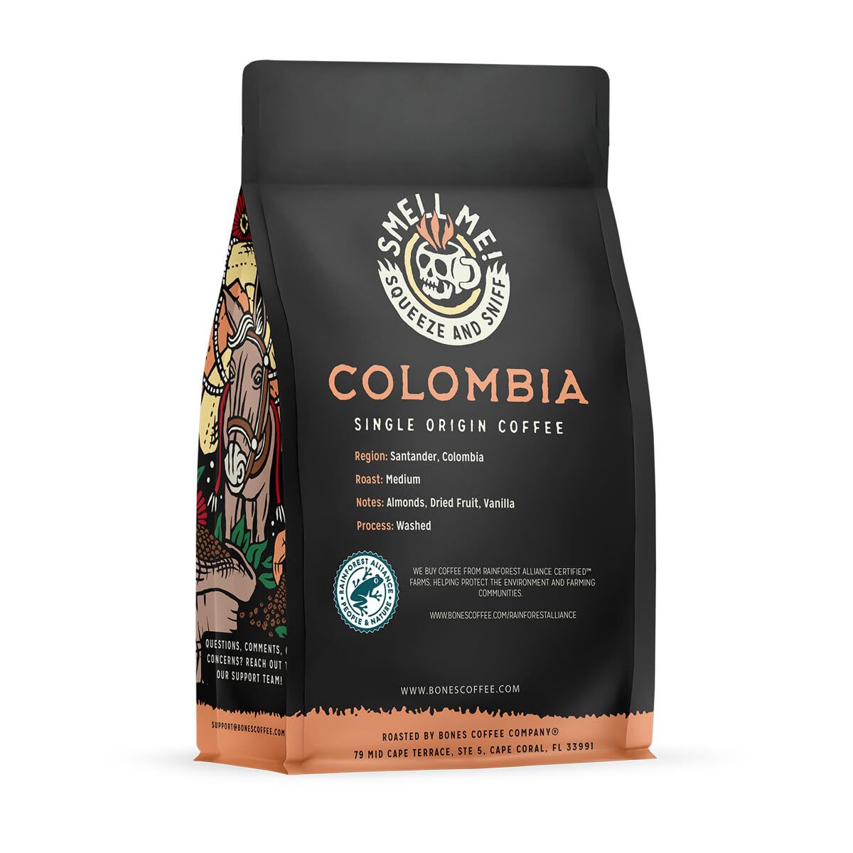 Bones Coffee Company Colombia Single-Origin Ground Coffee Beans, Low Acid Coffee, Made With Arabica Coffee Beans, Coffee Lover G