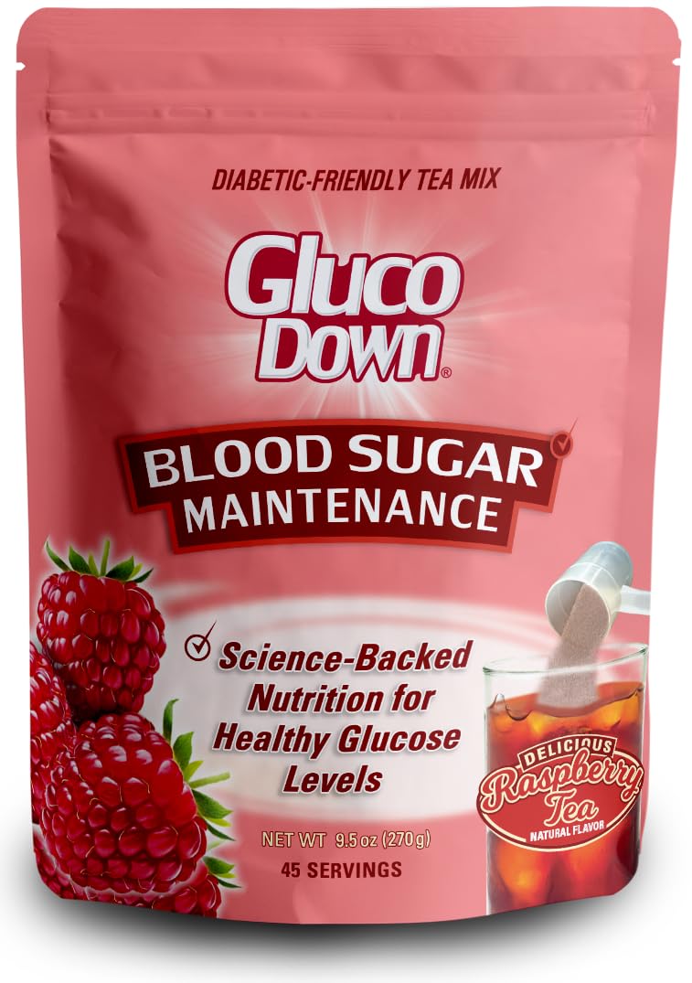 GLUCODOWN, Delicious Raspberry Tea Mix, protected design Pending Dietary Fiber Formula for Maintenance of Healthy Blood Sugar & Cholesterol, 45 Servings.