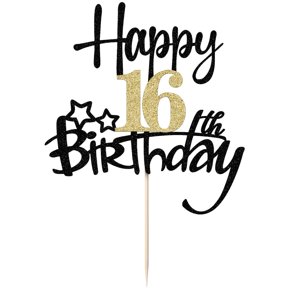 Kaoenla Black Gold Glitter Happy 16Th Birthday Cake Topper - Hello 16/Cheers16,Happy Fsixteen Birthday Anniversary,16 Years Old