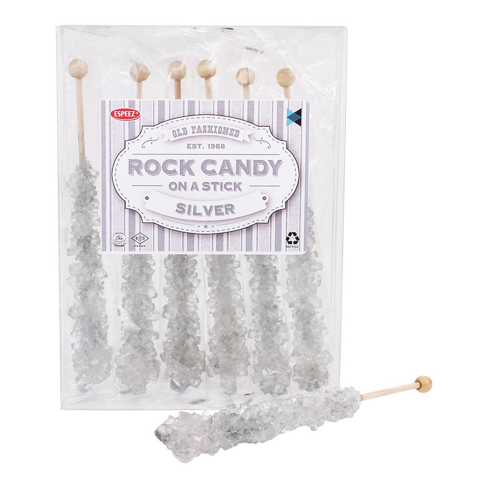 Espeez Rock Candy Sticks - 6 Count, Individually Wrapped, Silver, for Candy Buffets, Birthdays, Weddings, and Baby Showers