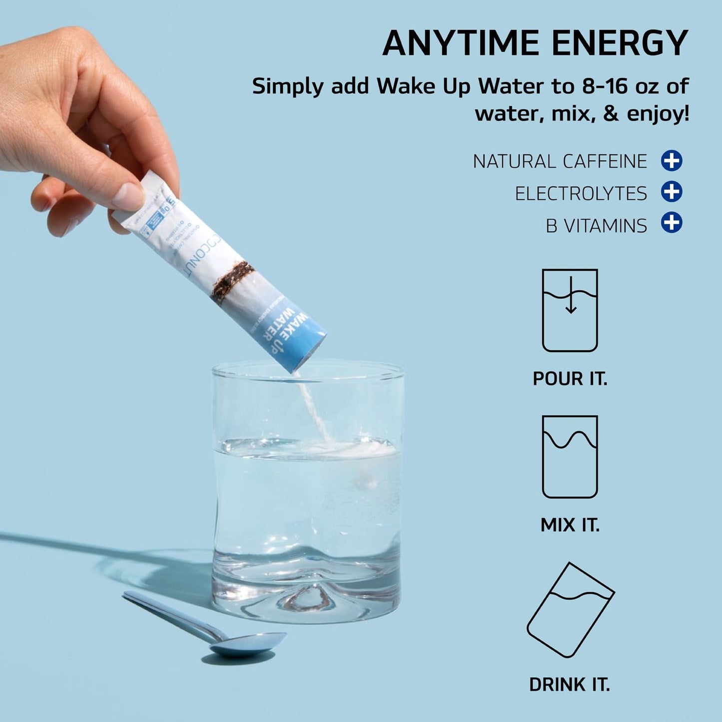 Wake Up Water Energy + Hydration Mix, Coconut Flavor, 15 Count Pack, No Sugar, Natural Caffeine, Electrolytes, B Vitamins