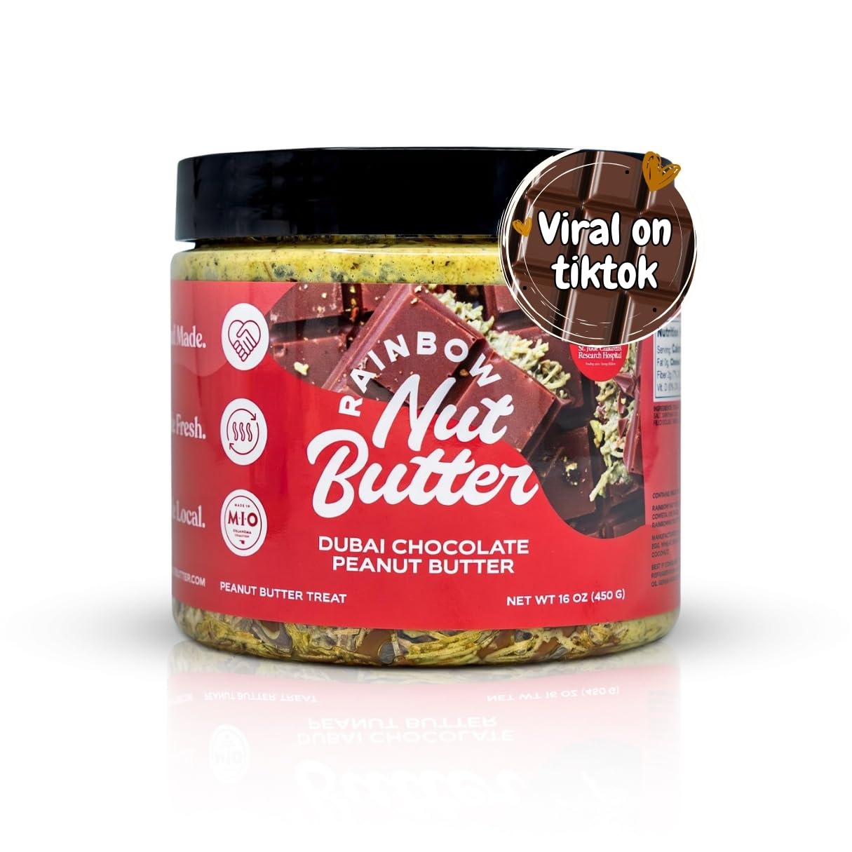 Rainbow Nut Butter, Dubai Chocolate Bar Peanut Butter, Spread, Treat, Snack, Dessert, High Protein Flavored Nut Butter, (16 oz J