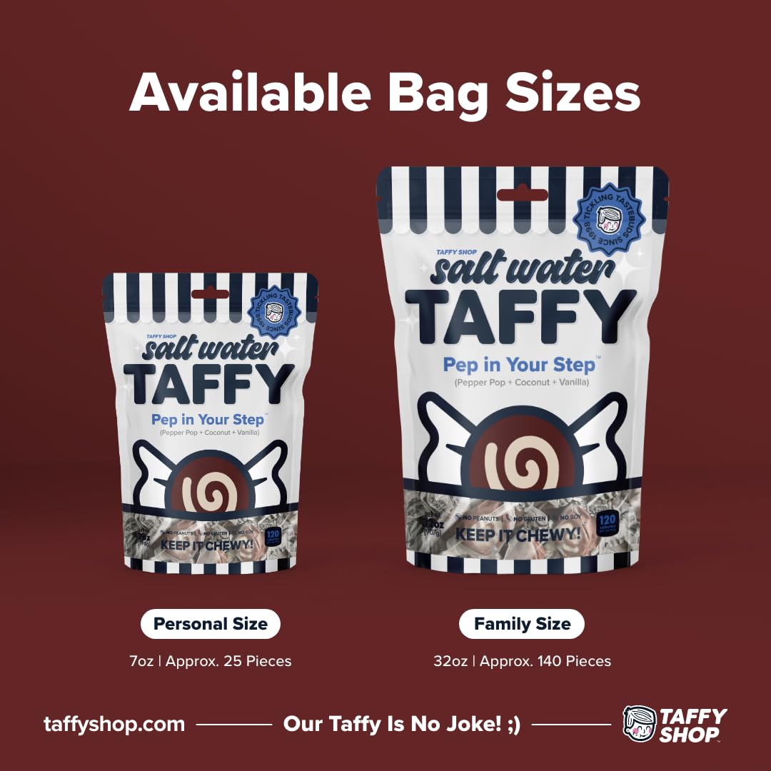 Taffy Shop Pep in Your Step, Pepper Soda Pop Coconut Vanilla Salt Water Taffy - Gourmet Soft Chewy Candy, Bulk Sweet Snack, Fres