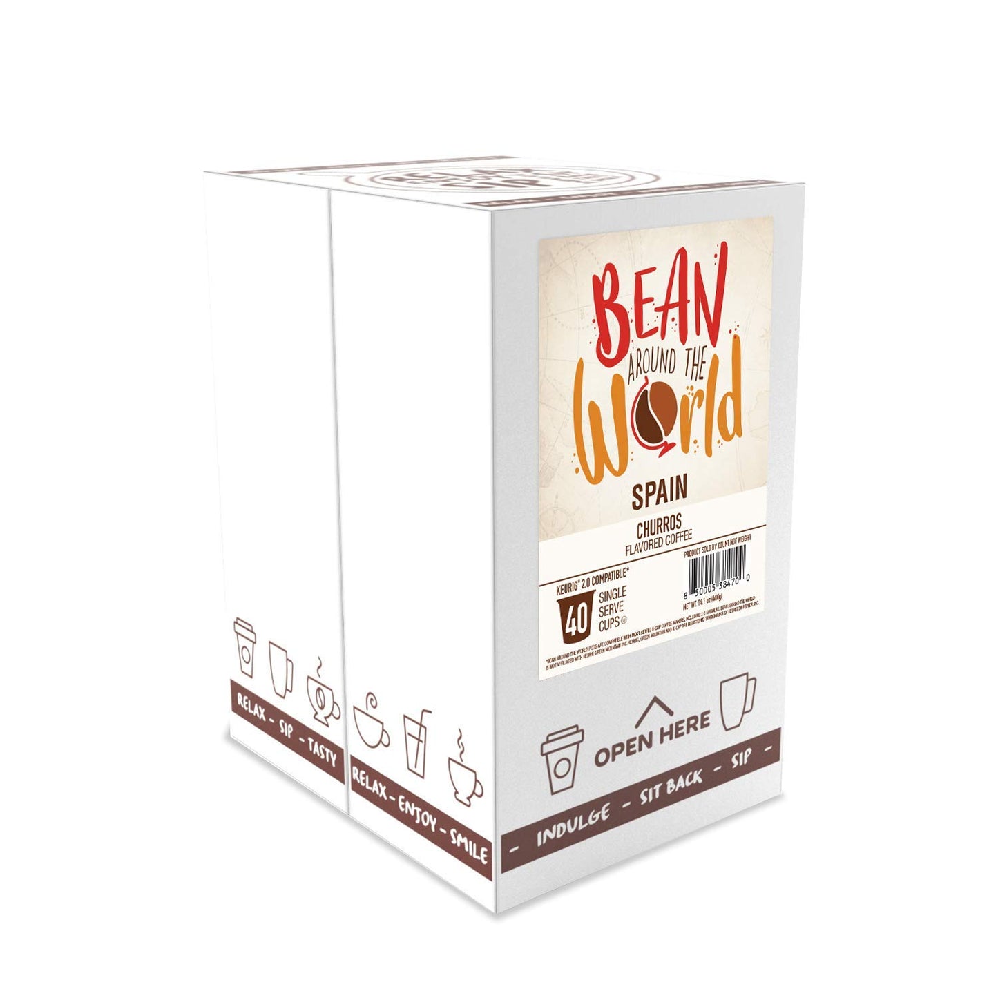 BEAN AROUND THE WORLD Churro Flavored Coffee Compatible with Keurig 2.0, 40 Count Pack