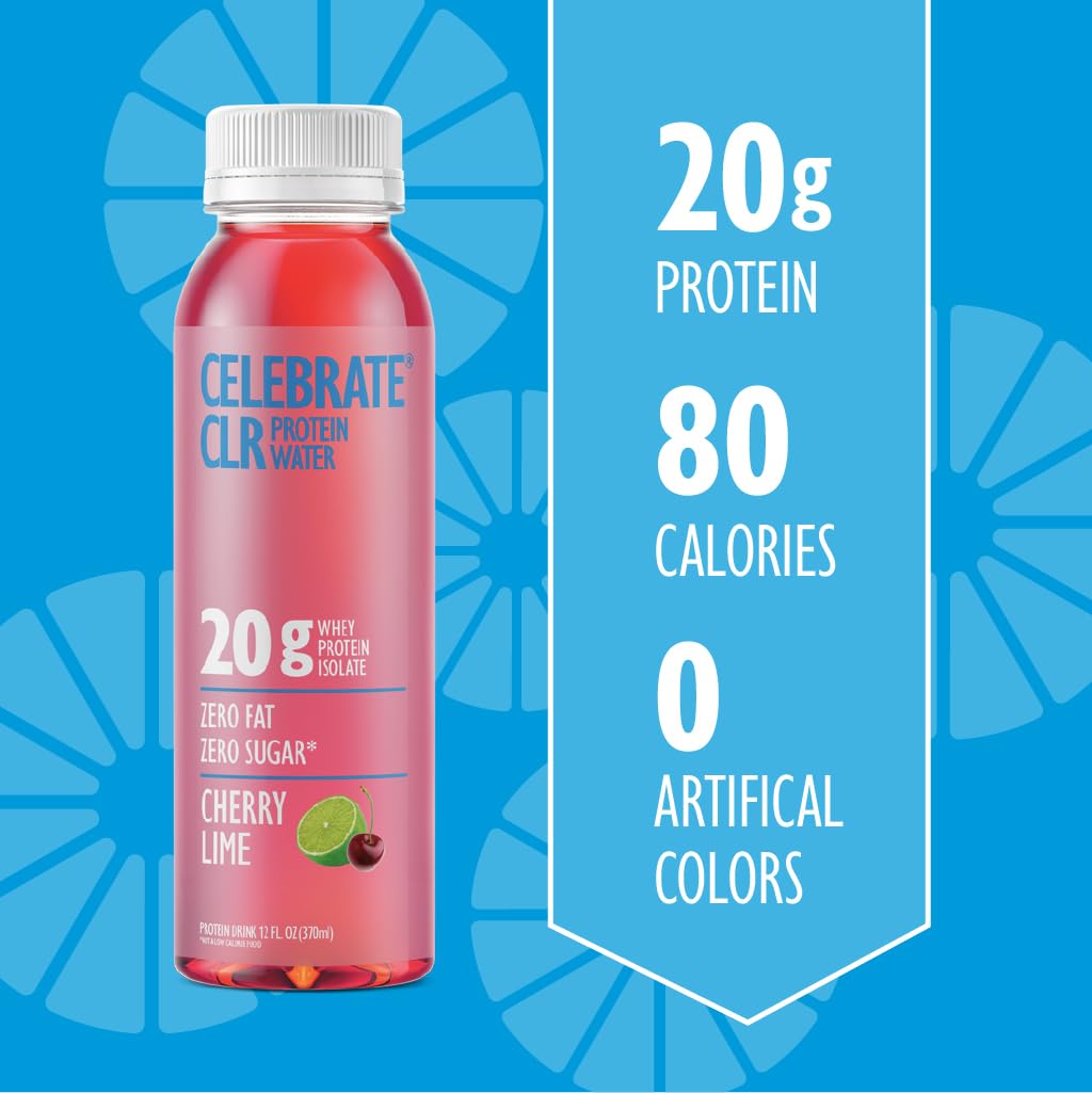 Celebrate Bariatric dietary products CLR Whey Isolate Protein Water, Cherry Lime, 20g Protein, Gluten-Free, 12 Fl Oz (Pack of 12)