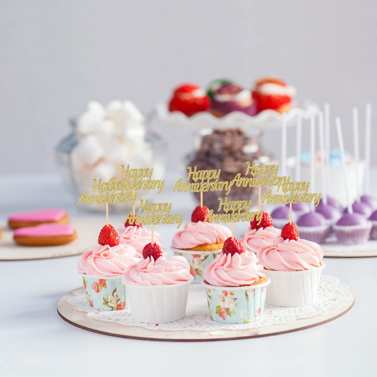 24 Pieces Silver Glitter Happy Anniversary Cupcake Toppers Cake Picks For Wedding Anniversary Party Table Decorations