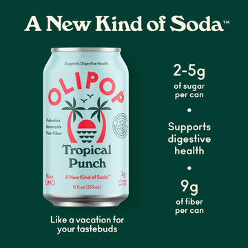 OLIPOP Prebiotic Soda Pop, Tropical Punch, A New Kind of Soda Packed with Prebiotics, Fiber, and Botanicals, Gluten Free, Vegan,