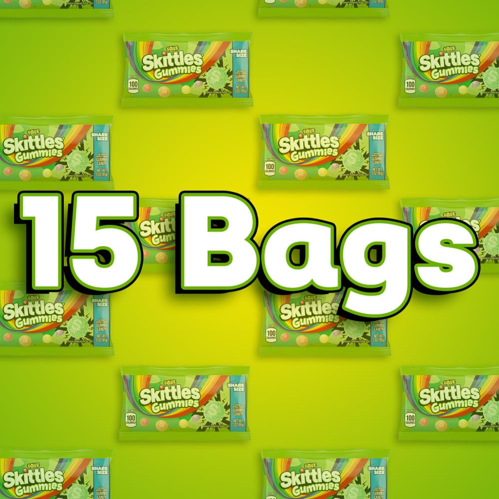 SKITTLES GUMMIES Sour Gummy Candy, Share Size Tart Sour Candy Mix, 3 Oz Per Bag, 15 Pack