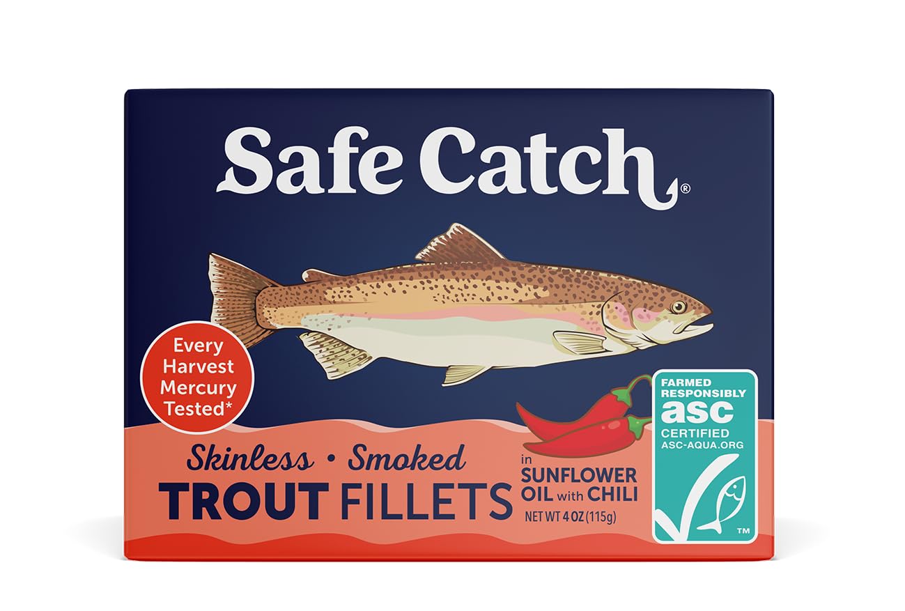 Safe Catch Smoked Rainbow Trout Fillets In Sunflower Oil With Chili, Skinless And Boneless Canned Fish, Mercury Tested, Pack Of 12