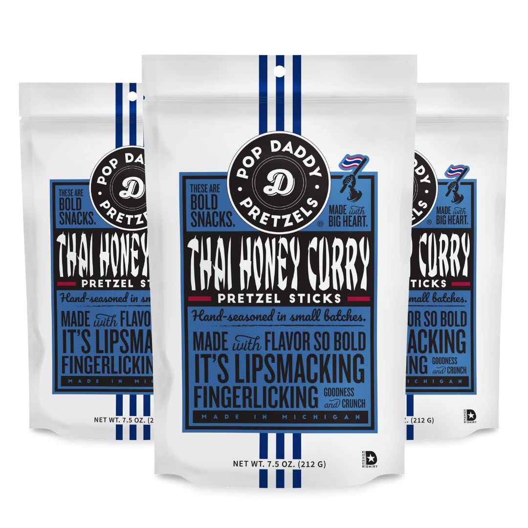 POP DADDY Flavored Pretzel Sticks, Thai Honey Curry, 7.5oz Individual Bags, 3 Pack