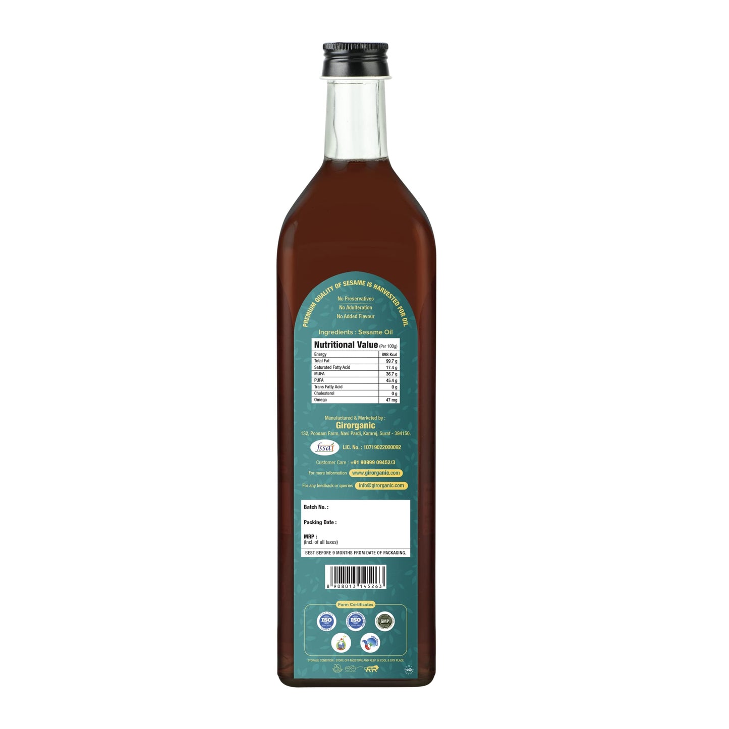 Girorganic Wood Pressed Black Sesame Oil-1Litre Glass Bottle,Unrefined/Unfiltered Cold Pressed Virgin Oil,Kacchi Ghani/Gingelly