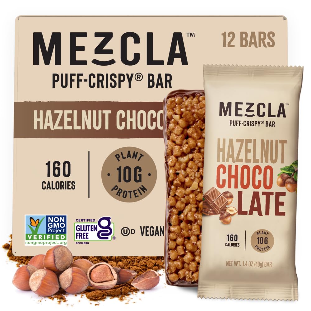 Mezcla Puff Crispy Protein Bars, Gluten Free & Vegan Protein Bars, 10G Protein, Alt For Crispy Rice Treat, Granola Bars & Breakfast Bars, Healthy Snacks For Mature-Themeds, Hazelnut Chocolate, 12 Pack