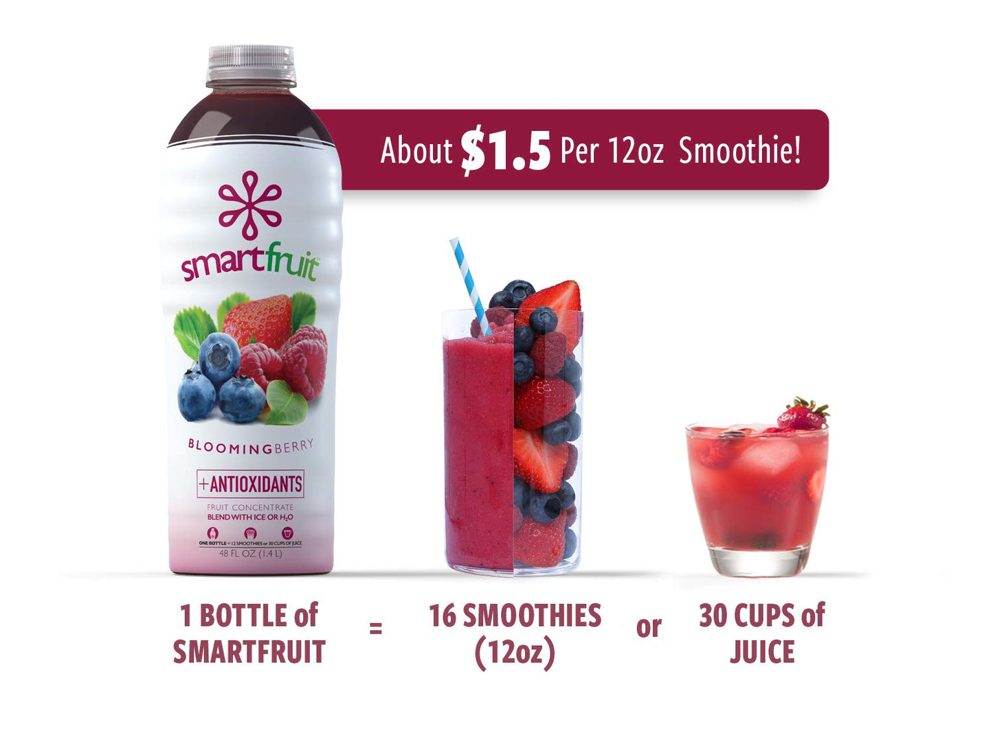 Smartfruit Blooming Berry + Antioxidants, 100% Real Fruit Pur  E, Non-Gmo, No Additives, Vegan - 48 Fl. Oz