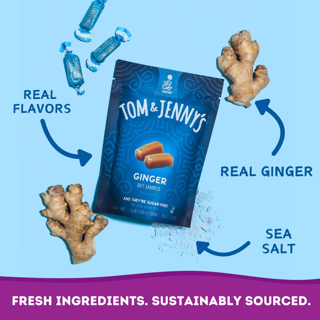 Tom & Jennys Sugar Free Soft Caramel Candy with Sea Salt and Ginger Powder, 2.9 Ounce, Keto Friendly, Low Net Carb