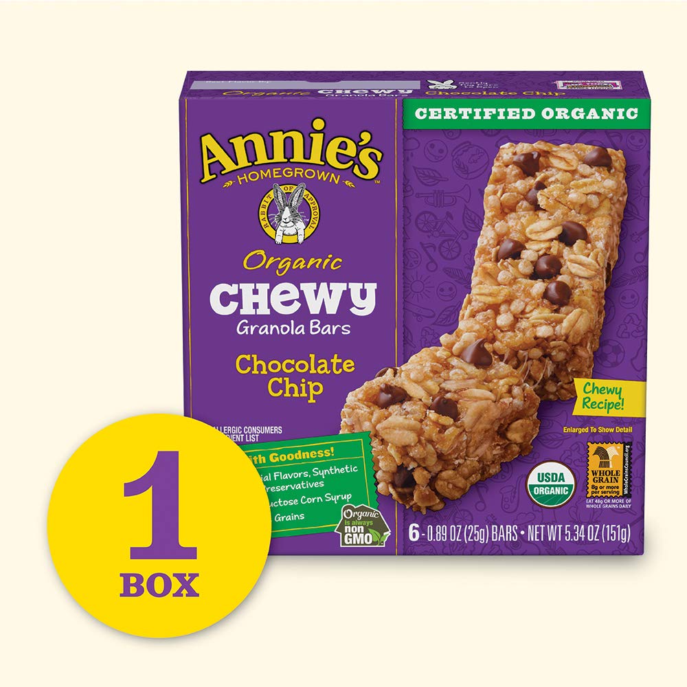 Annies Organic Chewy Granola Bars, Chocolate Chip, 6 Bars, 0.89Oz Each