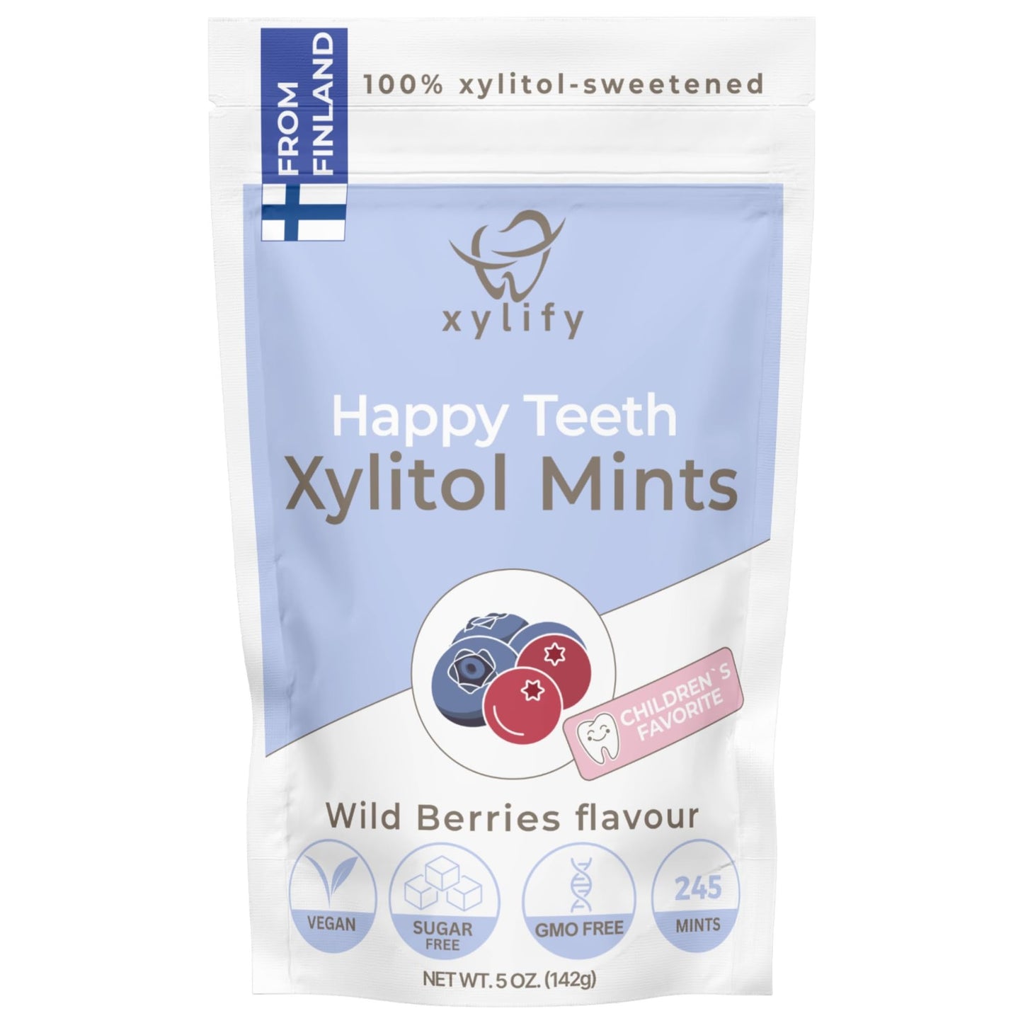 Xylitol Mints For Oral Care - Wild Berries Flavor, 100% Xylitol Sweetened, Sugar Free Candy, Happy Teeth Dental Mints From Finla