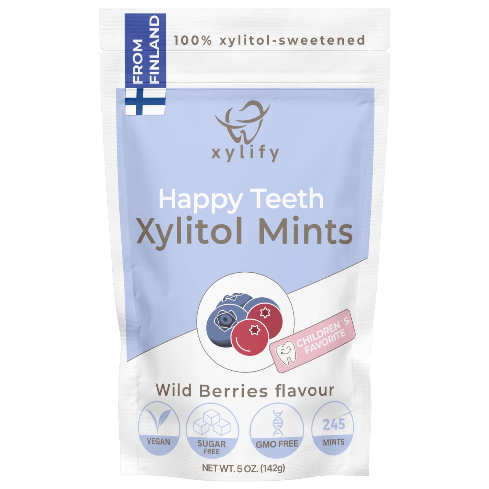 Xylitol Mints For Oral Care - Wild Berries Flavor, 100% Xylitol Sweetened, Sugar Free Candy, Happy Teeth Dental Mints From Finla