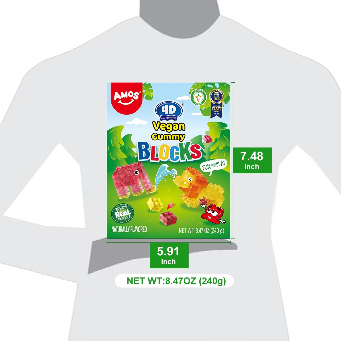 AMOS 4D Vegan Gummy Blocks Candy - Assorted Fruit Flavors  Made with Real Juice  Fun-to-Build Edible Blocks  Fat-Free  (8.47 oz Pack of 1)
