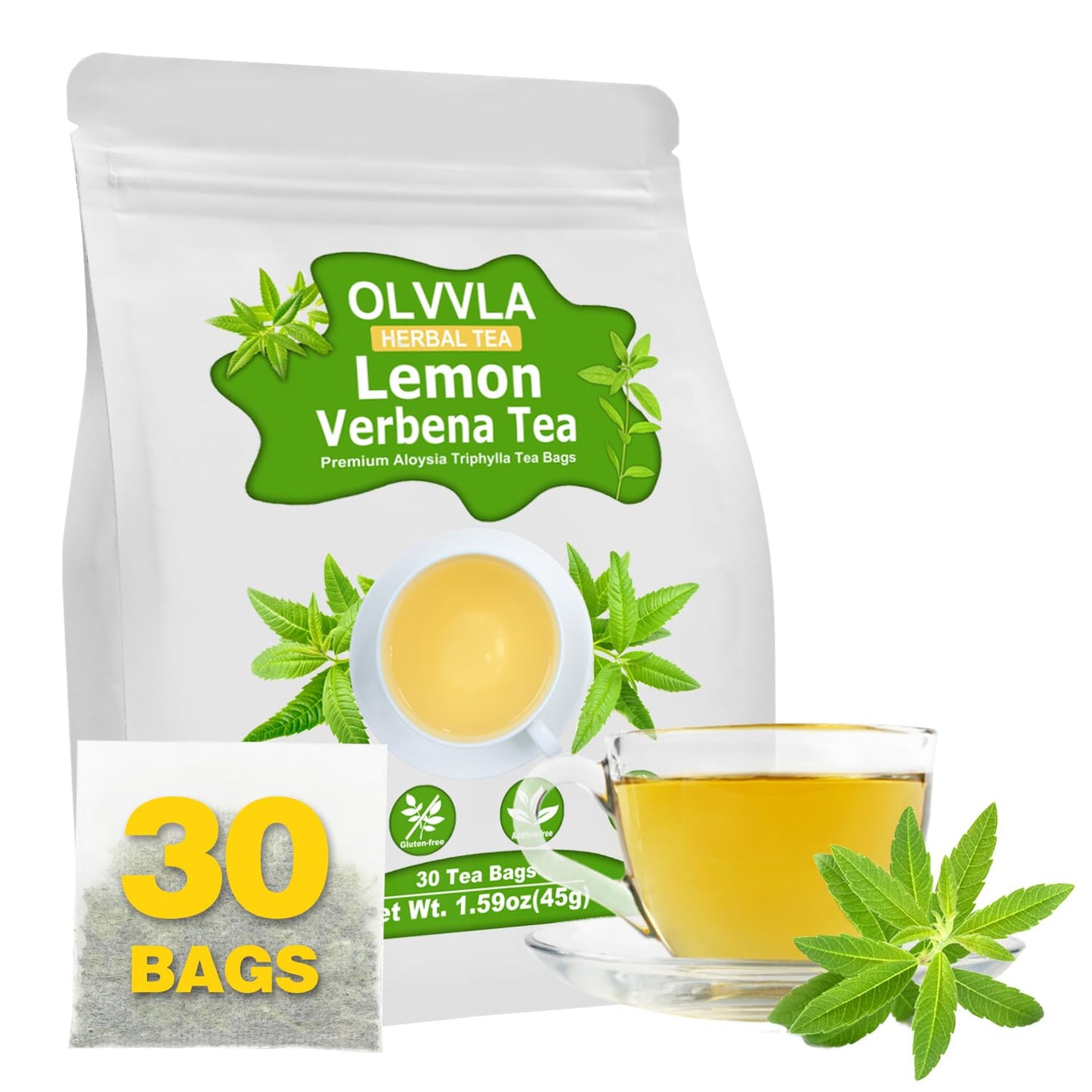 Olvvla Premium Lemon Verbena Tea Bags - Caffeine-Free, Non-GMO - 30 Count