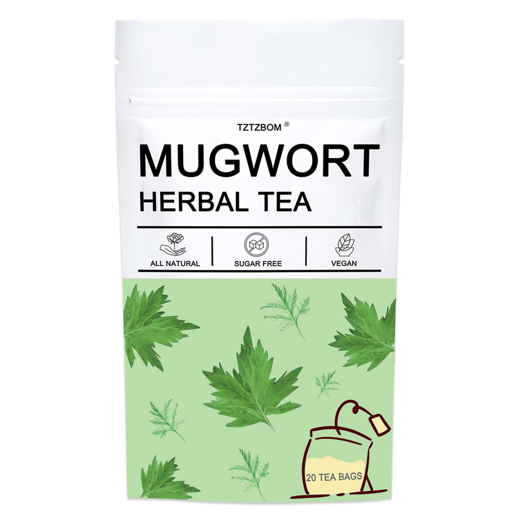 TZTZBOM Mugwort Tea Bags, Caffeine Free Herbal Tea, 20 Count, 2g per Bag
