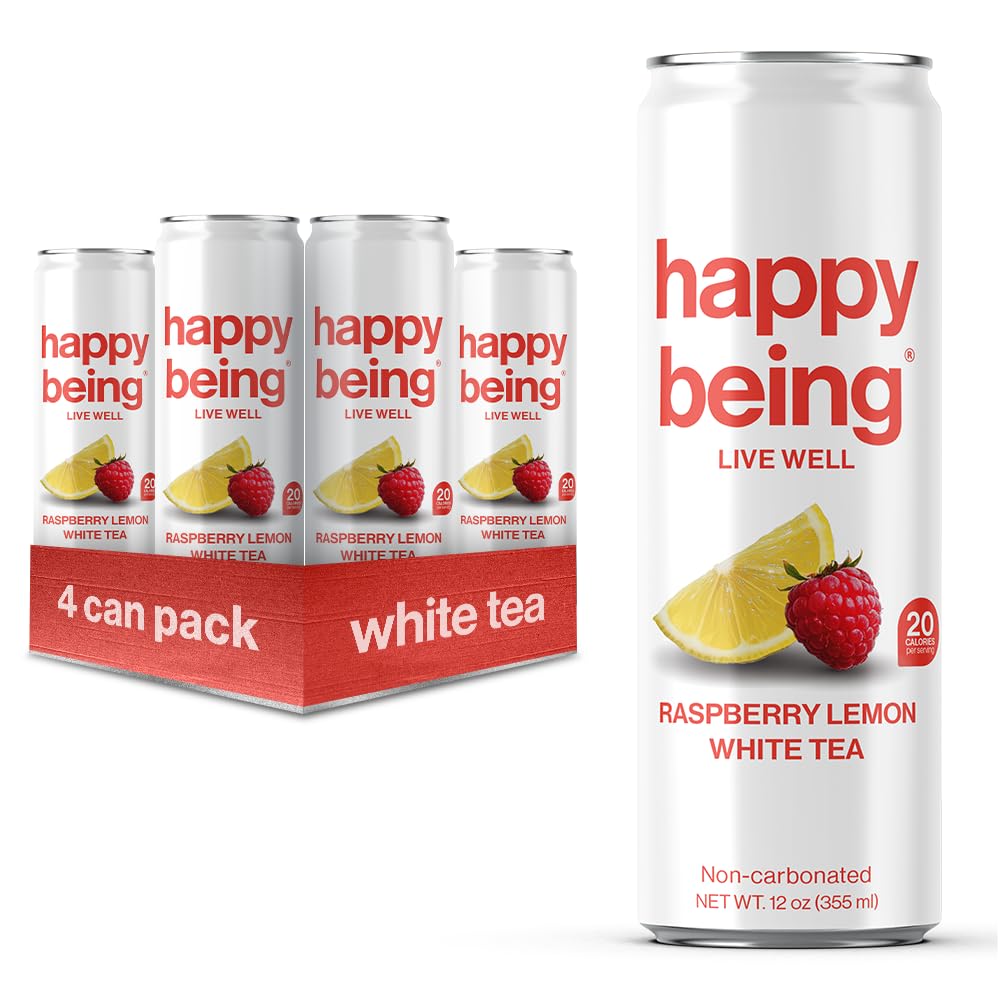 Happy Being Organic Raspberry Lemonade White Tea - Infused with Turmeric & Elderberry, Caffeine Free, 12oz (4 Pack)