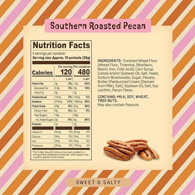 Austin Pretzel Co. Southern Roasted Pecan Pretzels, 4 Oz Gourmet Snack, Crunchy Bite-Sized, Pack of 4