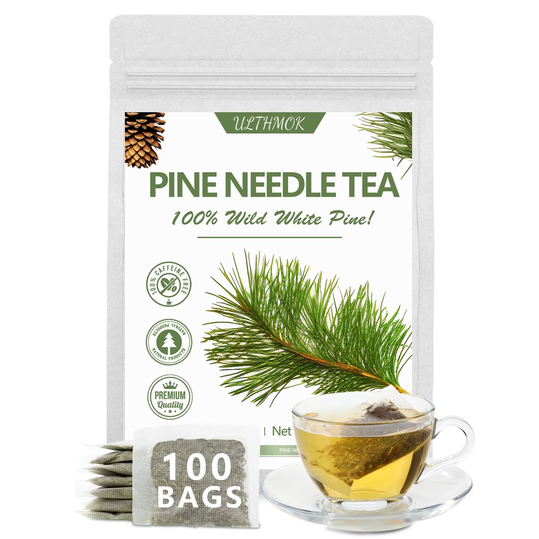 Enhanced 100 Pine Neddle Tea Bags,100% Picked From Natural Wild Pine Neddle, No Caffeine & No Additives.
