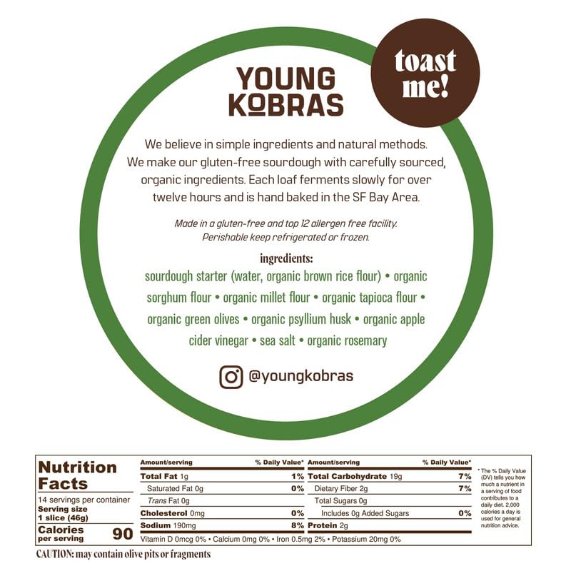 Young Kobras Organic, Gluten-Free Olive Herb Sourdough Bread 22Oz (2-Pack) - Allergen Friendly, Vegan, Gum-Free, Simple Ingredie