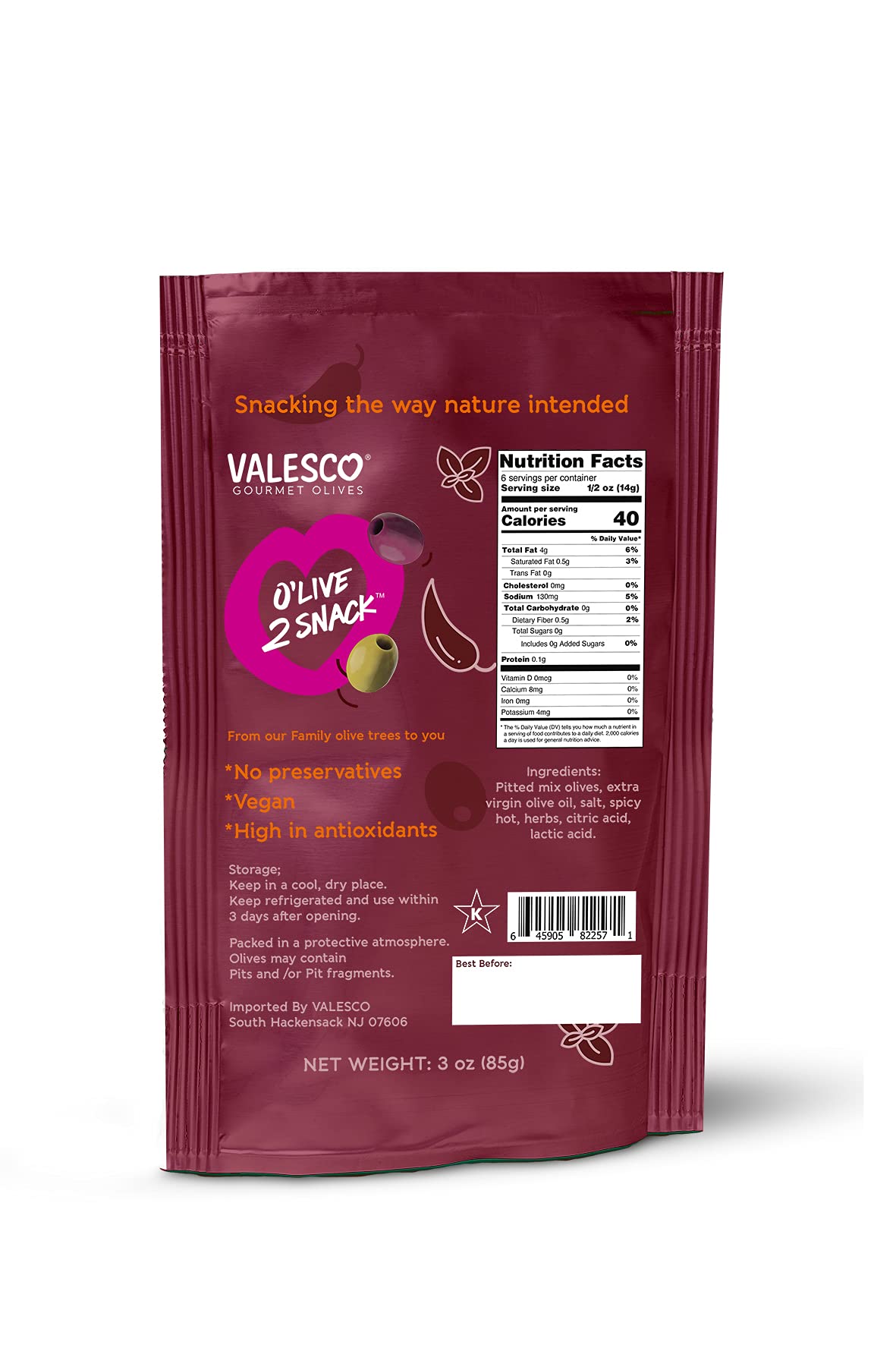 Valesco, O'Live 2 Snack Pitted Olives Variety Pack, 6 Flavors, 3 Oz (12 Pouches)